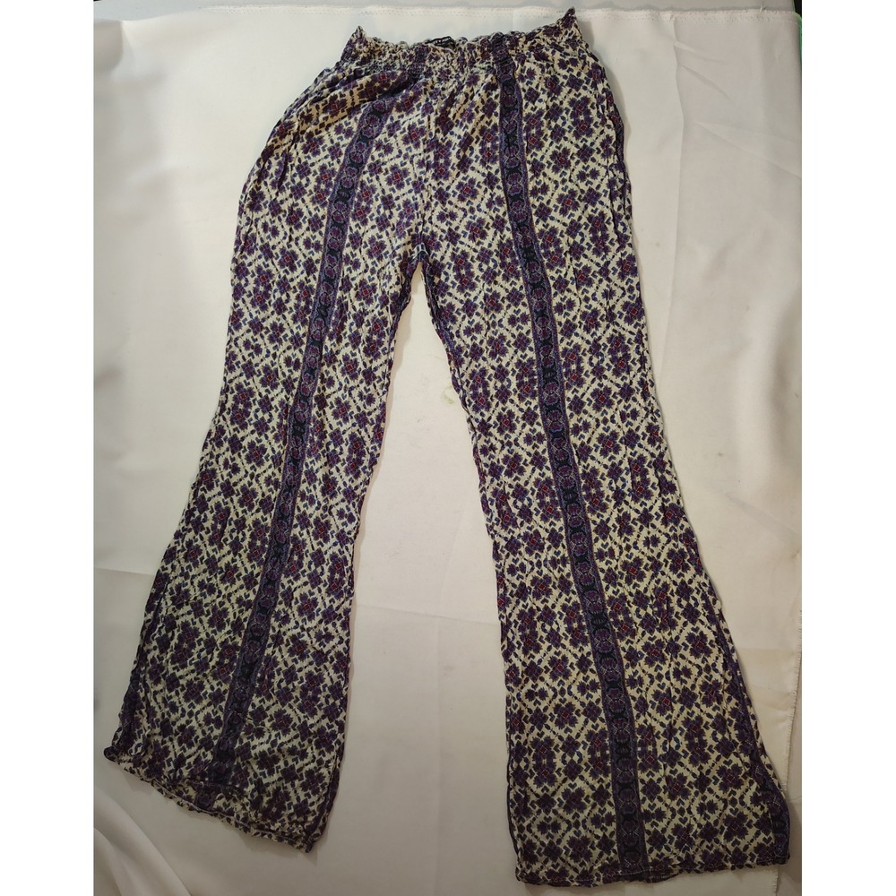 Brandy Melville Boho Geometric Wide Leg Smocked Pants Purple Blue Y2K One Size